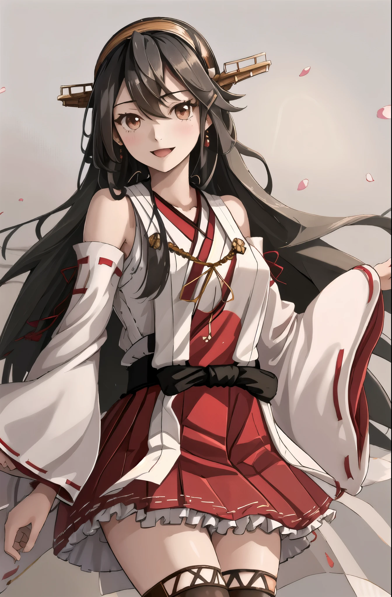 highest quality, masterpiece, High resolution, 一人in, {Aaron_Fleet Collection:1.15}, black_hair, length_hair, hair_ornament, hairband, Brown_eye, hairclip, red面, smile, headgear, chest, Non-traditional_Miko, hair_between_eye, One girl, independent_sleeve, Japanese_Clothes, Looking_in_Audience, red_skirt, ribbon-trimmed_sleeve, ribbon_trim, skirt, just_shoulder, Simple_background, white_background, Open_mouth, sarashi, wide_sleeve