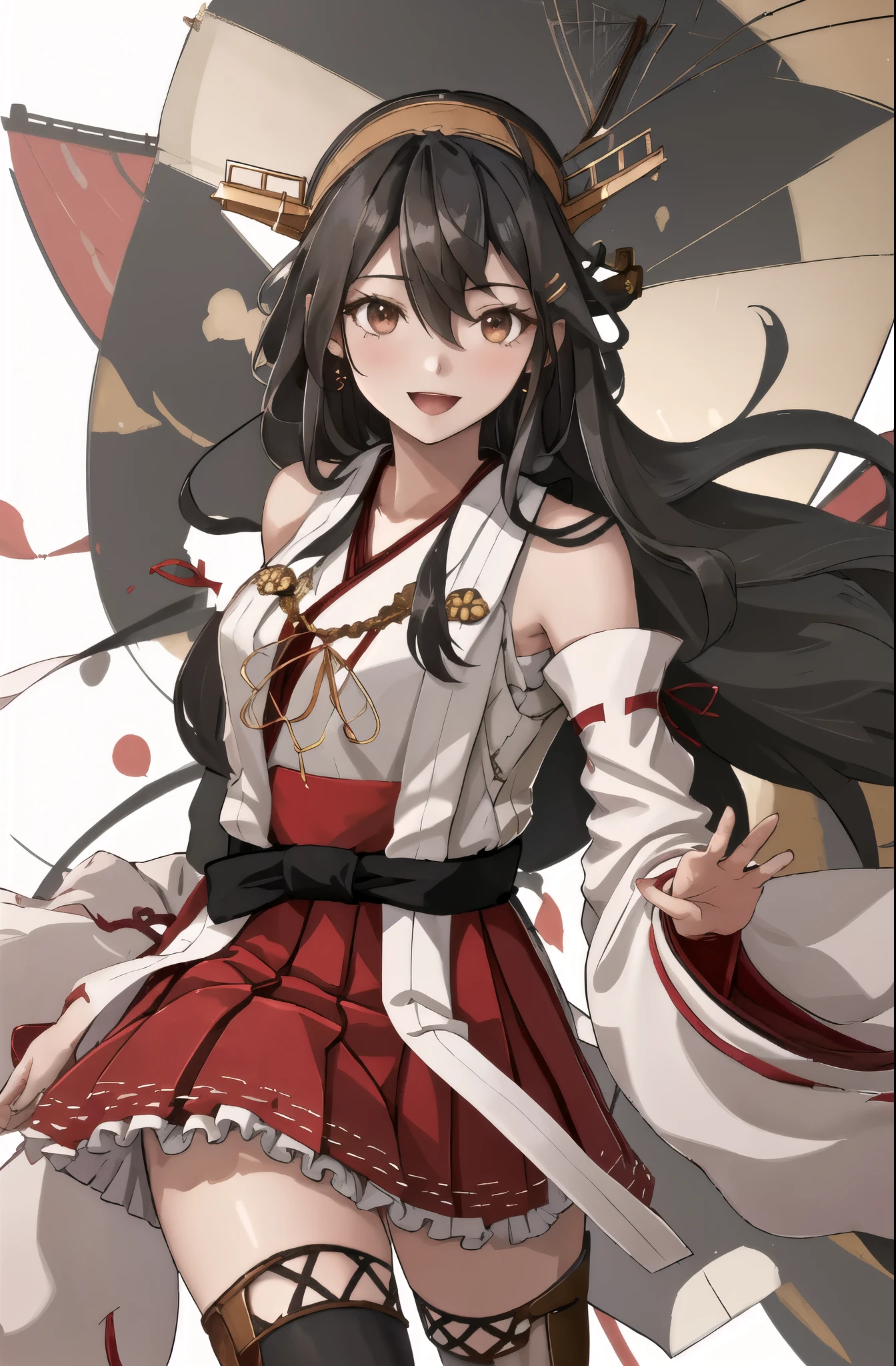 highest quality, masterpiece, High resolution, 一人in, {Aaron_Fleet Collection:1.15}, black_hair, length_hair, hair_ornament, hairband, Brown_eye, hairclip, red面, smile, headgear, chest, Non-traditional_Miko, hair_between_eye, One girl, independent_sleeve, Japanese_Clothes, Looking_in_Audience, red_skirt, ribbon-trimmed_sleeve, ribbon_trim, skirt, just_shoulder, Simple_background, white_background, Open_mouth, sarashi, wide_sleeve