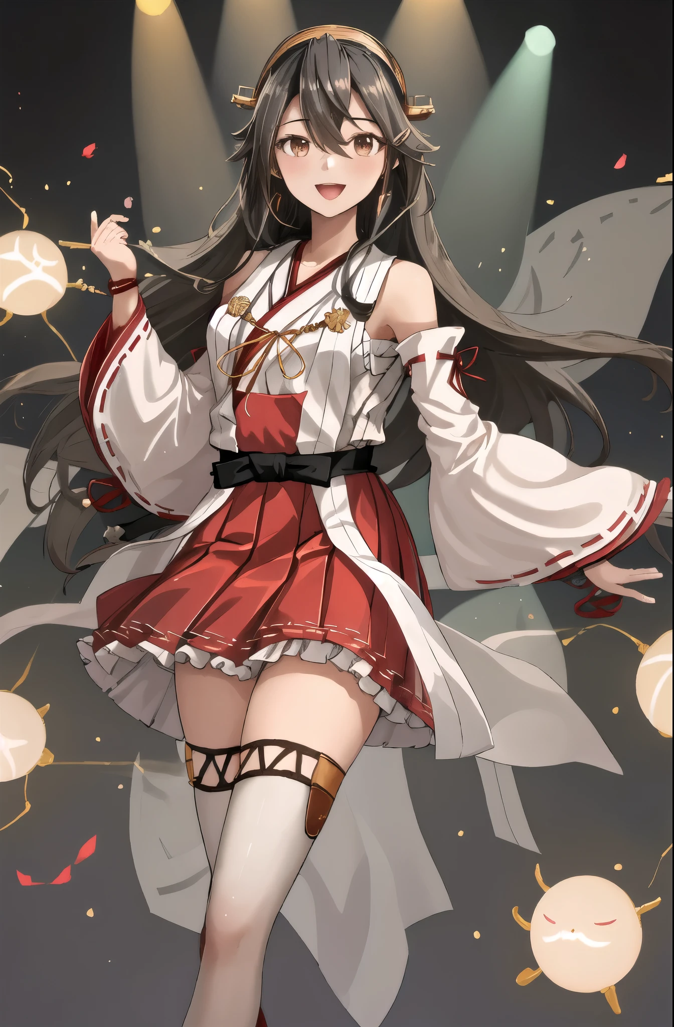 highest quality, masterpiece, High resolution, 一人in, {Aaron_Fleet Collection:1.15}, black_hair, length_hair, hair_ornament, hairband, Brown_eye, hairclip, red面, smile, headgear, chest, Non-traditional_Miko, hair_between_eye, One girl, independent_sleeve, Japanese_Clothes, Looking_in_Audience, red_skirt, ribbon-trimmed_sleeve, ribbon_trim, skirt, just_shoulder, Simple_background, white_background, Open_mouth, sarashi, wide_sleeve