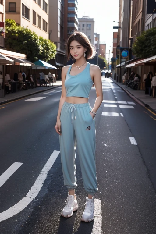 highest quality, Very detailed, masterpiece, 1 person,woman,(((完璧なwomanの体))),Very beautiful face, Very beautiful body,Gentle expression, Very beautiful eyes,(Perfect Makeup:1.1), (((Very beautiful fine hair))),Short shaggy hair,Shaggy Hair,hair color,Light blue hair:1.3, Very thin body,Smart Abs, dark blue,Tank top, Wide Jogger Pants,necklace,anklet,Styling Boots,A kind smile,whole body Portrait,(Street background:1.3), (Shiny skin), (Many colors:1.4) ,(Earrings),