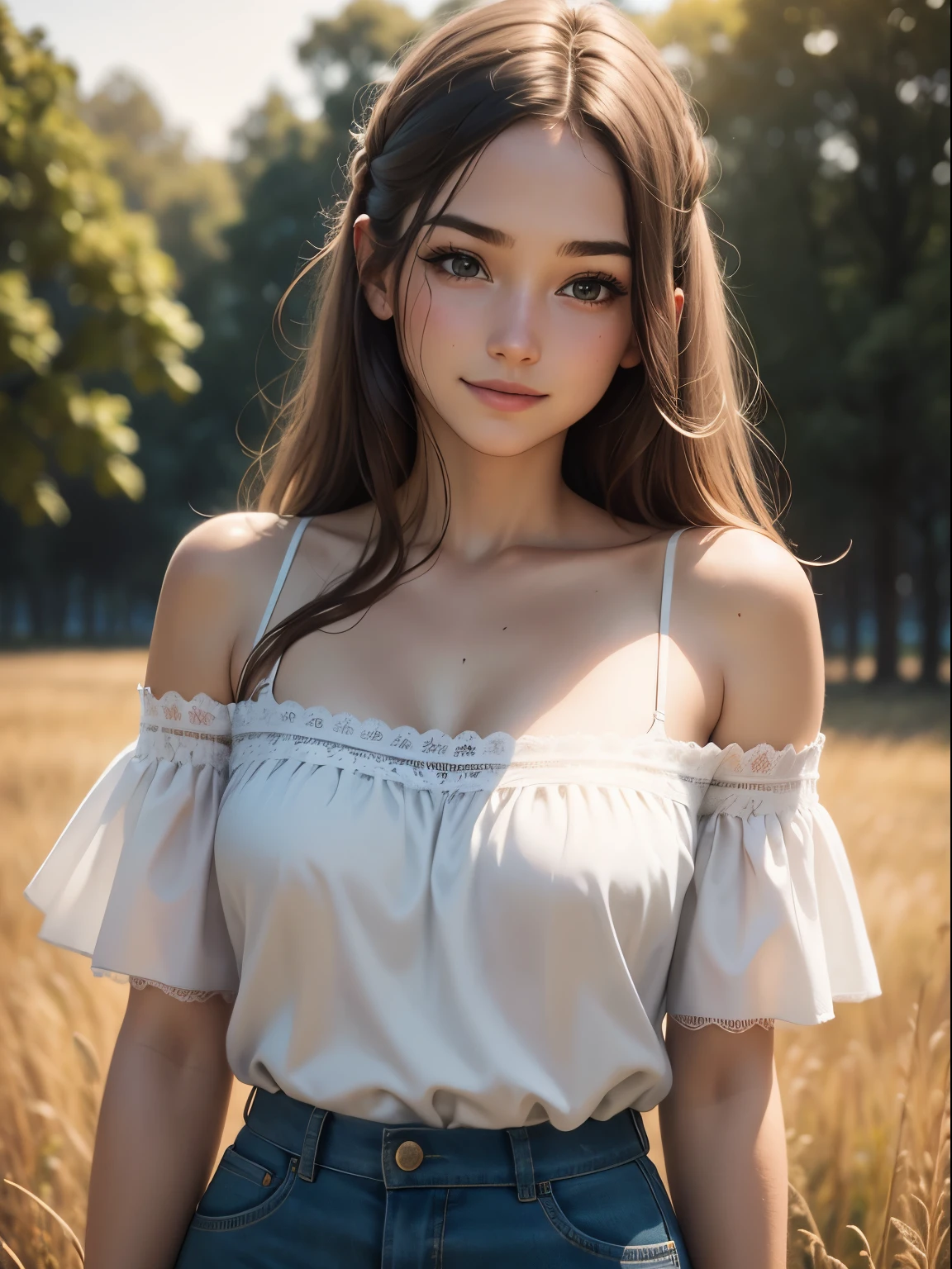 master piece, best quality, ((realistic)), 8K picture quality, extremely delicate and beautiful, ((1 person)), ((off shoulder pure white off lace camisole)), Official art with attention to detail, Ridiculous, unbelievable Ridiculous, (Put the head in the frame), ultra-detail, (Pretty girl), ((Perfect female figure)), (smile), full of sweat, Brown hair, sunset grassland, 12years old, 