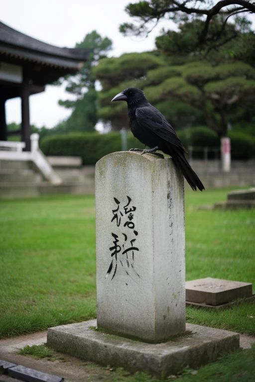 A small, dirty Japanese-style gravestone with a crow perched on it