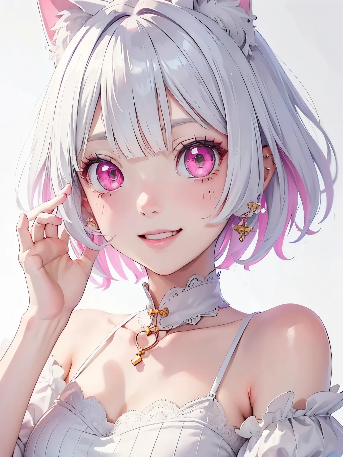 White hair. Short hair. Inner pink hair. Anime girl. Asian girl. Ulzzang. Pink eyes. Glowing eyes. Smiling. Nekomimi.