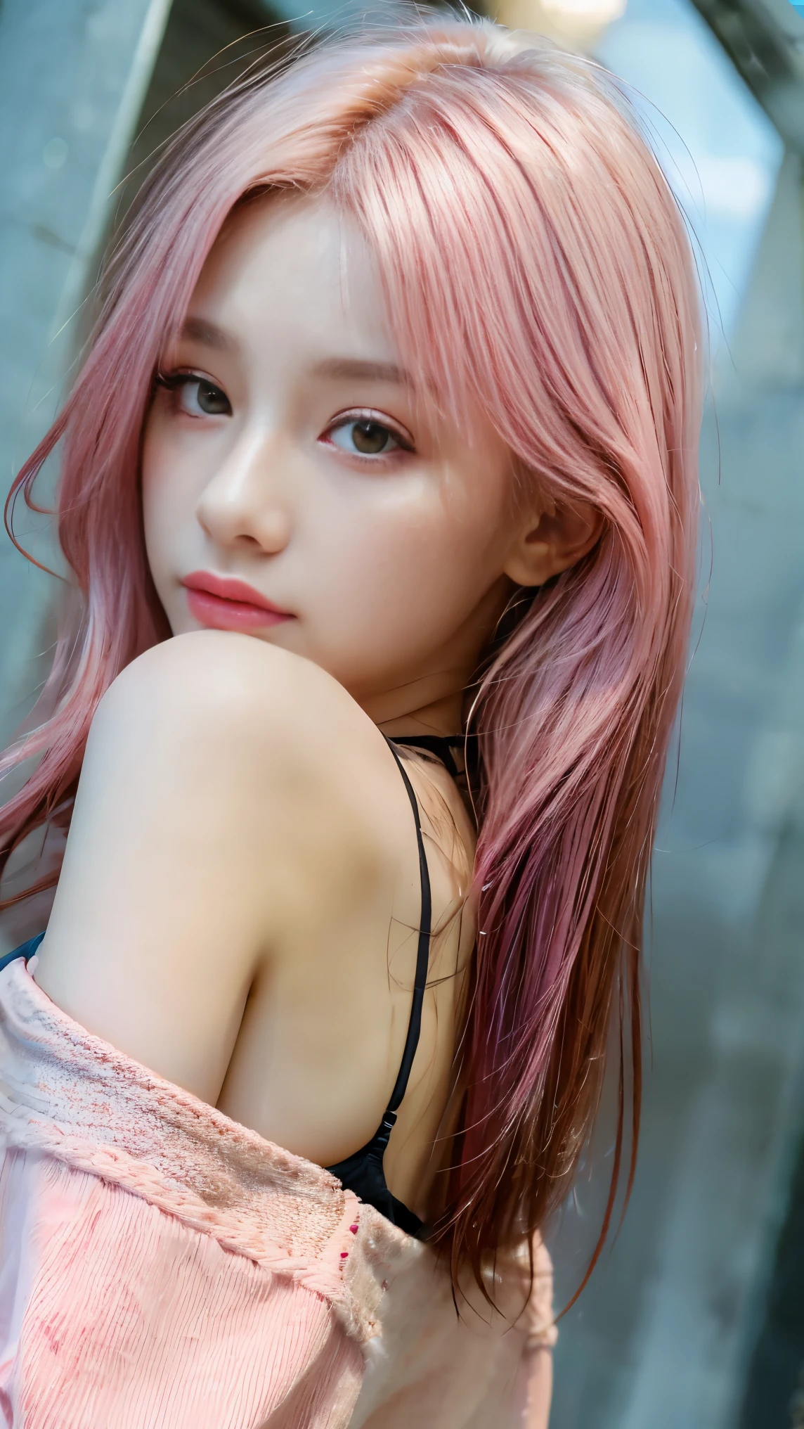highest quality, Masterpieces, High resolution, One girl, Super beautiful face, Very beautiful eyes, Very beautiful pink hair,Trendy clothing,Expose your shoulders