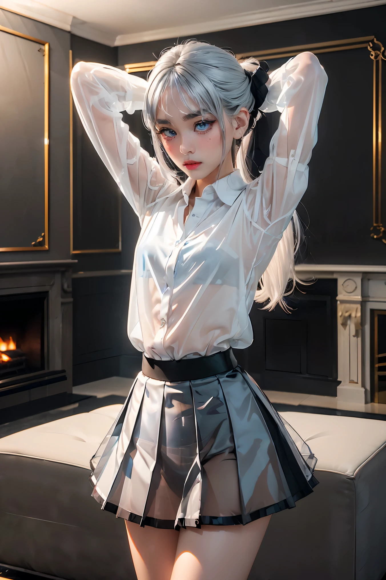 (((1 girl)),Ray tracing,(dim lights),[Detailed background (Living room)),((silver hair)),(silver hair)),((Fluffy silver hair, plump and slim girl)) high ponytail))) Avoid golden eyes in the ominous Living room ((((Girl wearing white opaque shirt, Black pleated skirt with black transparent), Show off a delicate and slender figure and graceful curves, correct limbs, Put your hands behind your head, Put your hands behind your head, Put your hands behind your head , Eye details, beautiful eyes, exquisite eyes, blue eyes