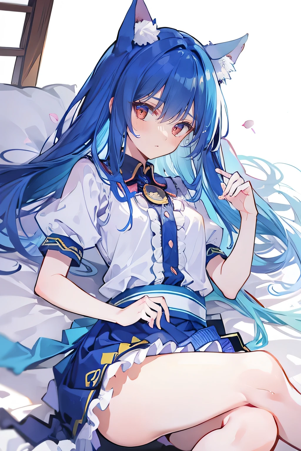 （masterpiece：1.2），Super detailed，lifelike，Expressive eyes，fair skin，perfect face shape，1 girl，
Japanese comics,Gorgeous blue hair,flowing blue hair,flowing clothes,Cat ears,Petals fall,beautiful lola,Baby Angel,
Shaking head with one hand，Lying gracefully on the ground，Cross your legs，Gentle and peaceful background，The pavilion is cool and comfortable,smile.
