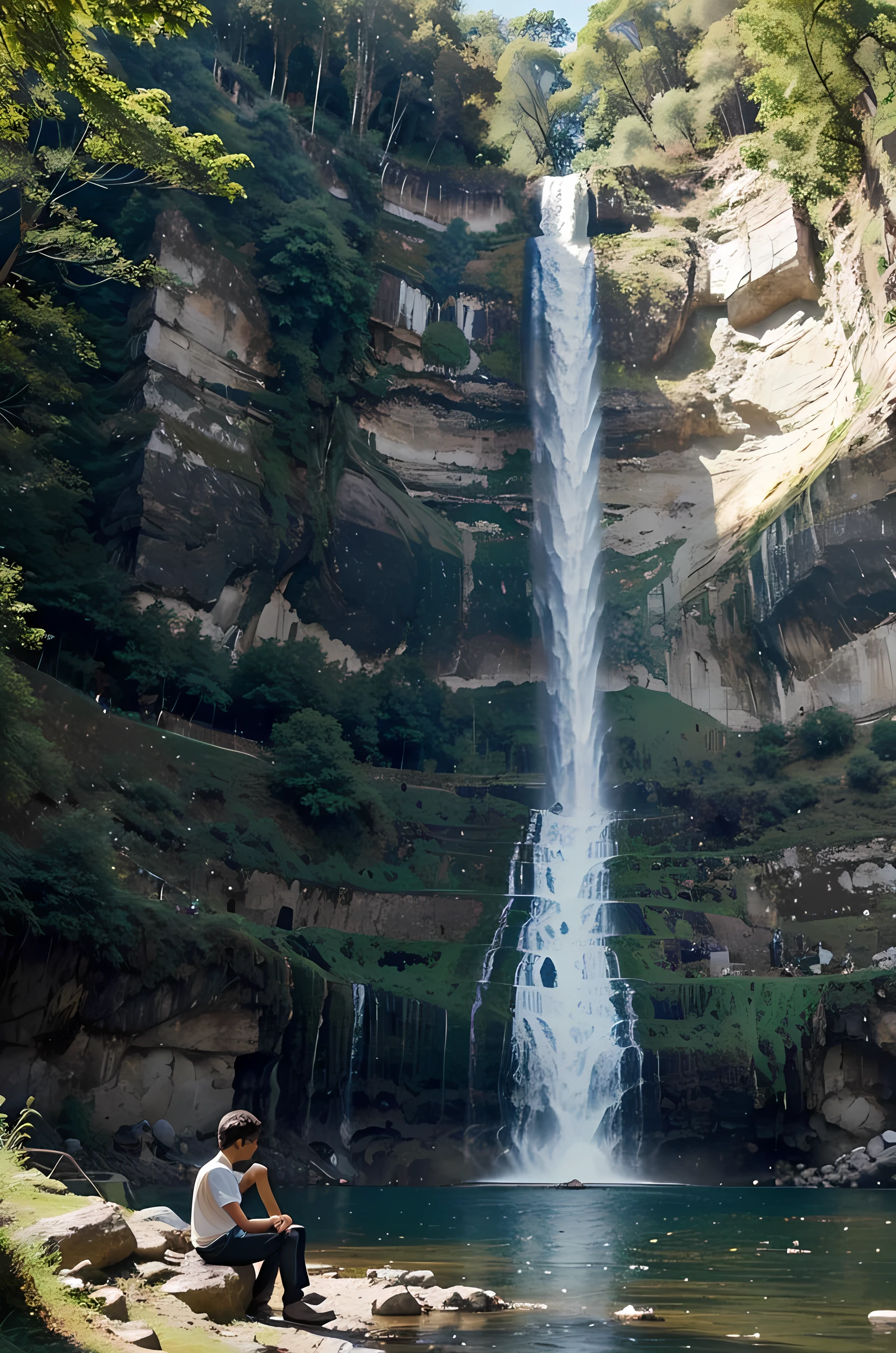 A boy is sitting under a tree in a beautiful hill topin front of him a beautiful waterfall falling down 