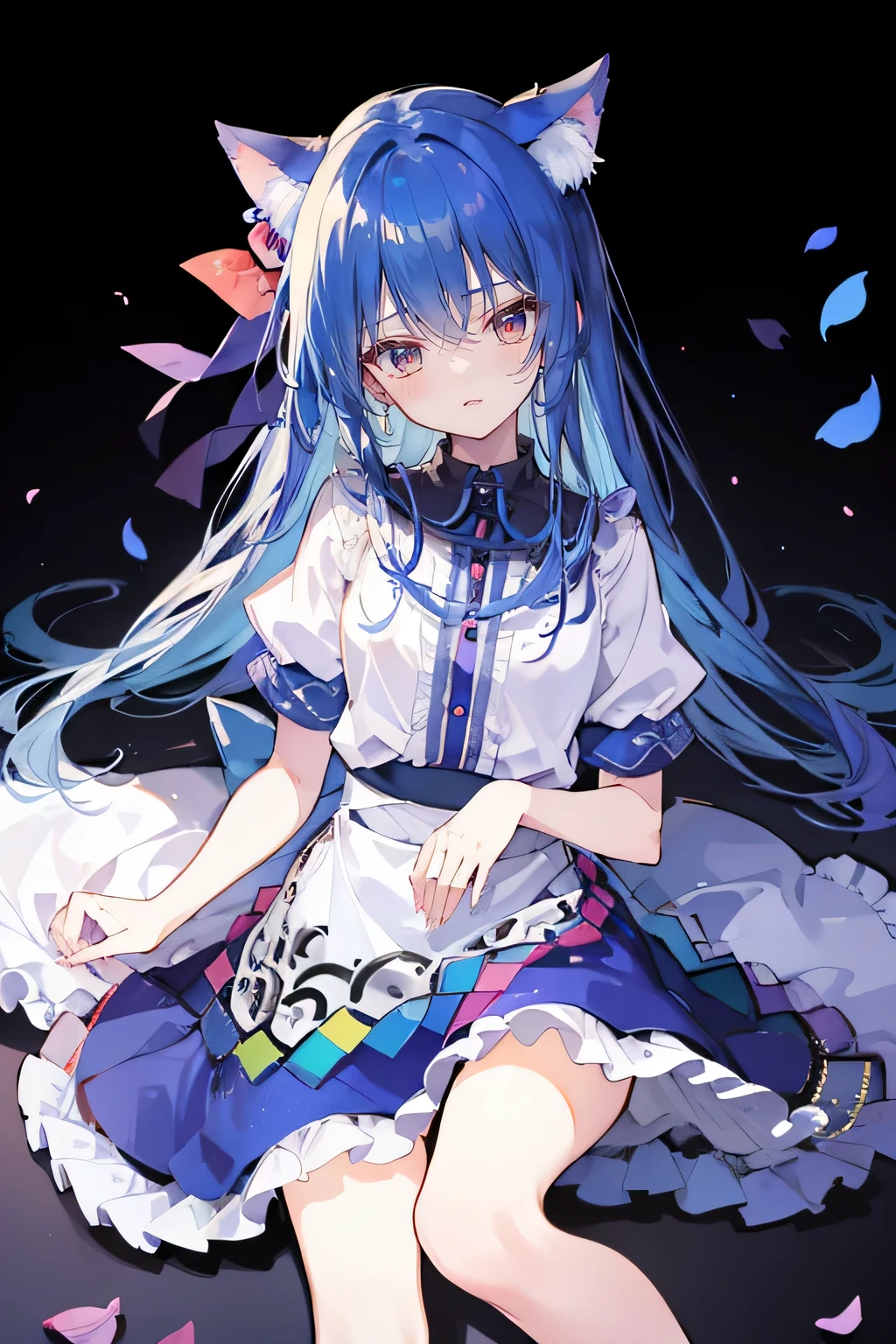(masterpiece:1.2),Super detailed,lifelike,Expressive eyes,fair skin,perfect face shape,1 girl,
Japanese comics,Gorgeous blue hair,flowing blue hair,flowing clothes,Cat ears,Petals fall,beautiful lola,Baby Angel,
Shaking head with one hand,Lying gracefully on the ground,Cross your legs,Gentle and peaceful background,The pavilion is cool and comfortable,smile.