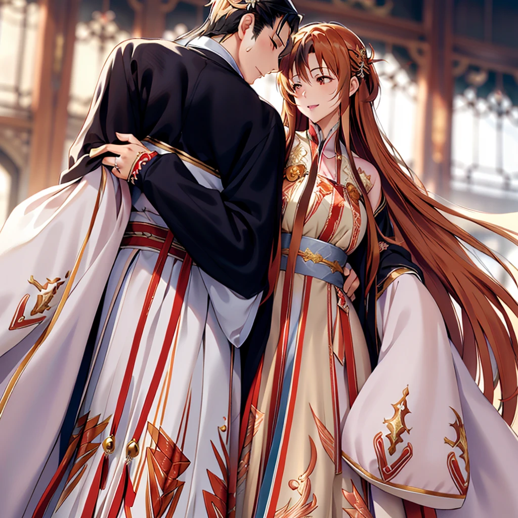 ((highest quality)), ((masterpiece)), (detailed), Perfect Face、Yuuki Asuna、Brown Hair、Hanfu、Gorgeous embroidery、cuddling with a man、Man and wedding、The woman is in a wedding dress、Woman has a happy face、Gorgeous hair ornament、Luxury accessories、The woman is the empress、The man is the prince、She hugs the man and presses her face against his chest.、Man hugs woman、Man and woman kissing