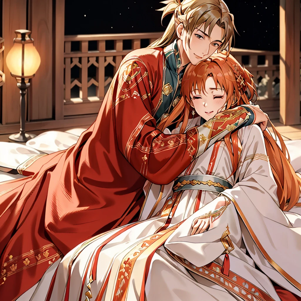 ((highest quality)), ((masterpiece)), (detailed), Perfect Face、Yuuki Asuna、Brown Hair、Hanfu、Gorgeous embroidery、cuddling with a man、Man and wedding、The woman is in a wedding dress、Woman has a happy face、Gorgeous hair ornament、Luxury accessories、The woman is the empress、The man is the prince、She hugs the man and presses her face against his chest.、Man hugs woman、Man and woman kissing
