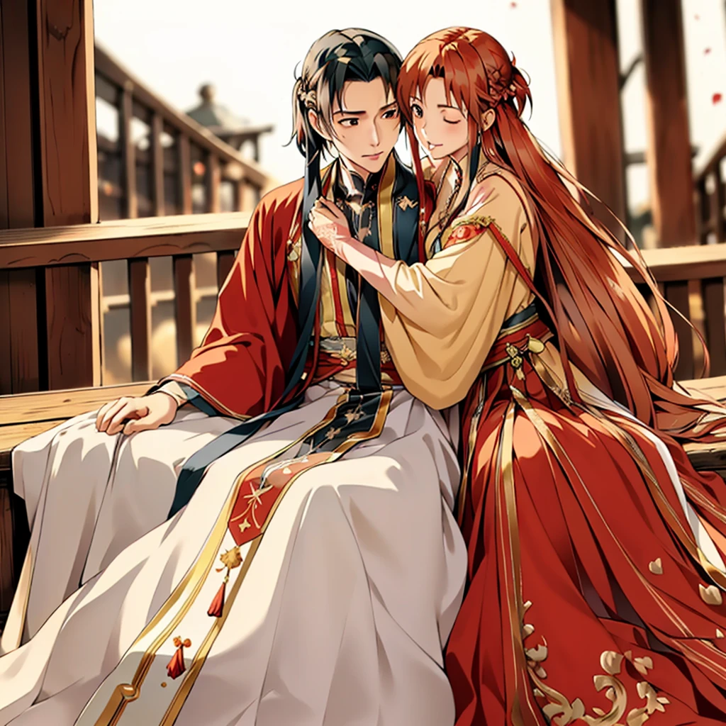 ((highest quality)), ((masterpiece)), (detailed), Perfect Face、Yuuki Asuna、Brown Hair、Hanfu、Gorgeous embroidery、cuddling with a man、Man and wedding、The woman is in a wedding dress、Woman has a happy face、Gorgeous hair ornament、Luxury accessories、The woman is the empress、The man is the prince、She hugs the man and presses her face against his chest.、Man hugs woman、Man and woman kissing