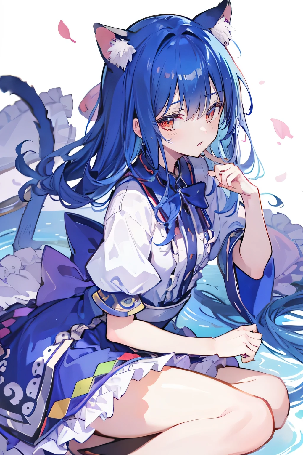 （masterpiece：1.2），Super detailed，lifelike，Expressive eyes，fair skin，perfect face shape，1 girl，
Japanese comics,Gorgeous blue hair,flowing blue hair,flowing clothes,Cat ears,Petals fall,beautiful lola,Baby Angel,
Shaking head with one hand，Lying gracefully on the ground，Cross your legs，Gentle and peaceful background，The pavilion is cool and comfortable,smile.