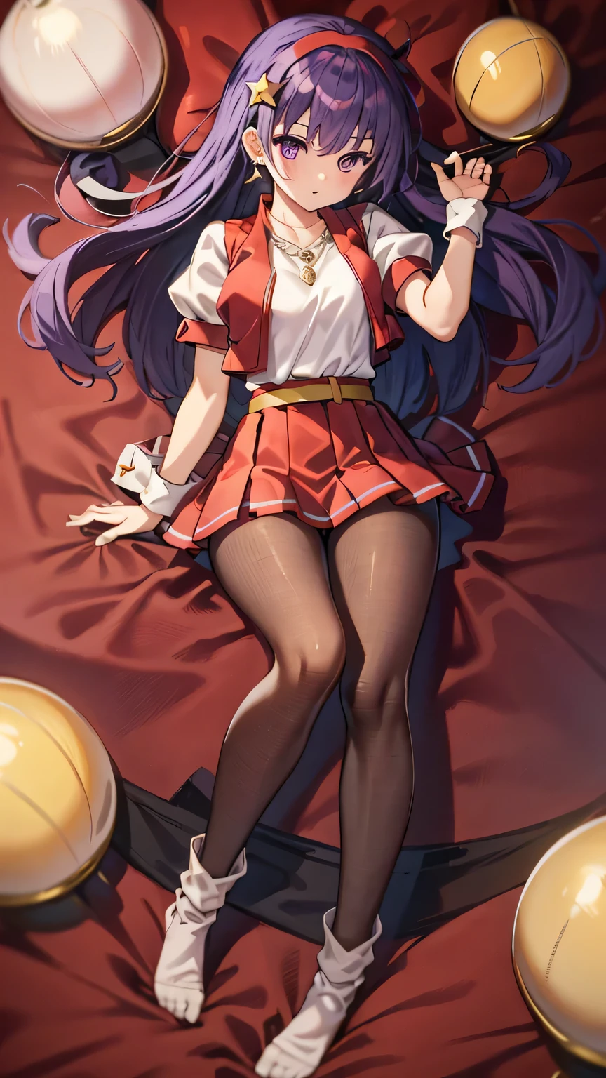 {{{masterpiece}}}, {{{best quality}}}, {{ultra-detailed}}, {illustration}, {{an extremely delicate and beautiful}}, 8k, nsfw, Asamiya Athena(The King of Fighters 97), Slender beautiful legs Purple eyes, Purple hair, Long hair, white earrings, red hairband, star hair ornament, medium breats, Red vest, white high-necked, White puffy sleeves, Short sleeves, Red pleated skirt, barefoot, Yellow belt, purple sphere shape necklace, (deep red pantyhose:1.2), thighhighs, zettai ryouiki, white short socks, Red shoes