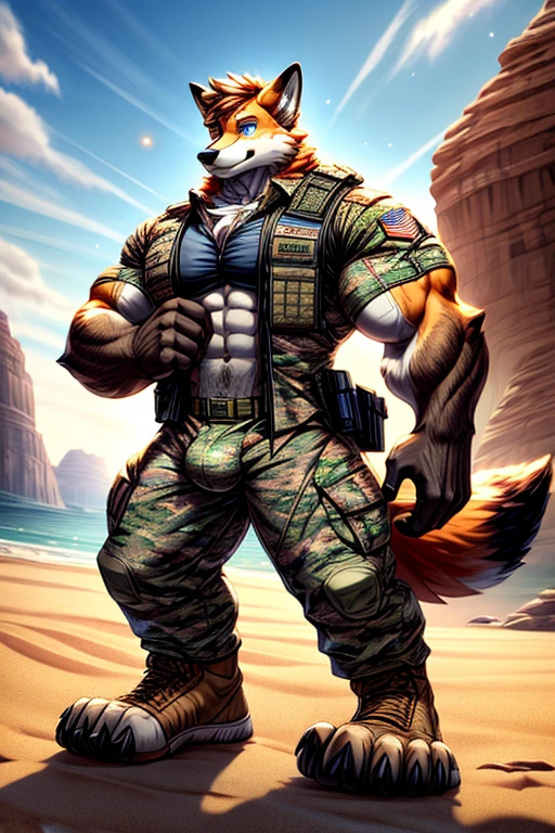 Masterpieces, furry, male, Anthropomorphic, red fox, blue eyes, black mark on muzzle, veiny, thin body, age 20, Delicate eyes, furred body, on a beach, perfect lighting, light particles,(best quality),(masterpiece),(ultra detailed), sharp focus, light particles, detailed barren background, desert camo military pants, open camo vest , wearing thight clothes , no shirt , fierce look, soldier look, full body, six pack abs, brown forearm, bulge, broad shoulders, big biceps, big pecs, big thighs, (((big feet))), 