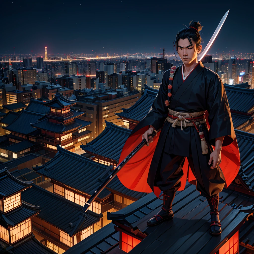 At night, a time-traveling samurai stands on a high rooftop overlooking the city of Tokyo, a Japanese man dressed in kimono, wearing a Japanese sword.