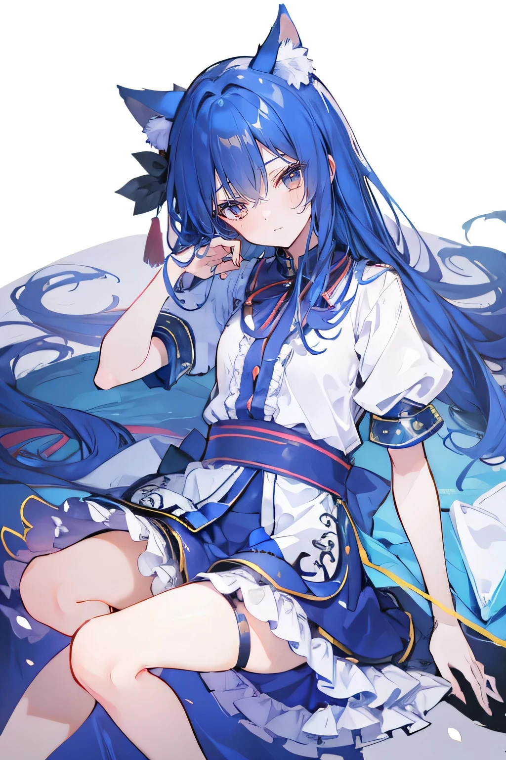 （masterpiece：1.2），Super detailed，lifelike，Expressive eyes，fair skin，perfect face shape，1 girl，
Japanese comics,Gorgeous blue hair,flowing blue hair,flowing clothes,Cat ears,Petals fall,beautiful lola,Baby Angel,
Shaking head with one hand，Lying gracefully on the ground，Cross your legs，Gentle and peaceful background，The pavilion is cool and comfortable,smile.