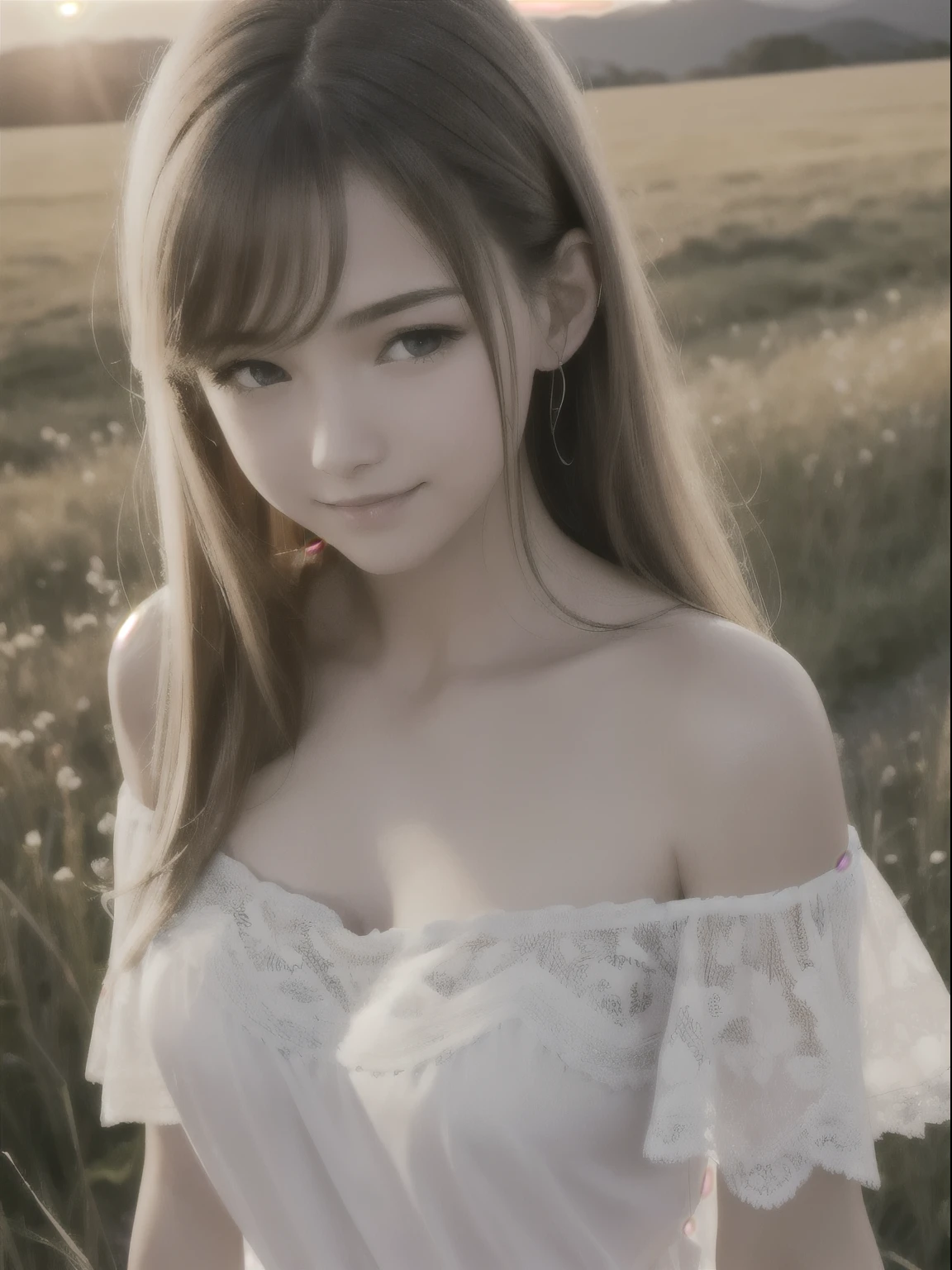 master piece, best quality, ((realistic)), 8K picture quality, extremely delicate and beautiful, ((1 person)), ((off shoulder pure white off lace camisole)), Official art with attention to detail, Ridiculous, unbelievable Ridiculous, (Put the head in the frame), ultra-detail, (Pretty girl), ((Perfect female figure)), (smile), full of sweat, Brown hair, sunset grassland, ars old, 