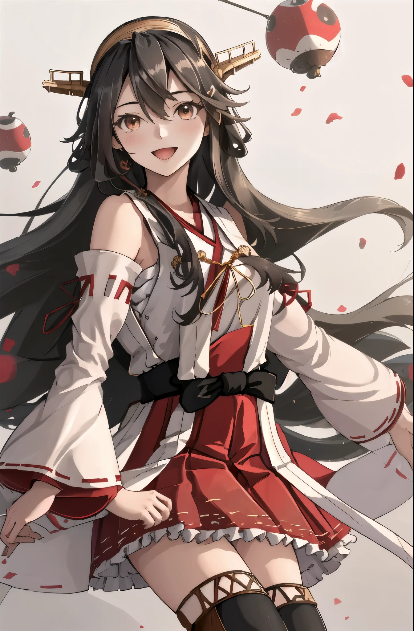 highest quality, masterpiece, High resolution, 一人in, {Aaron_Fleet Collection:1.15}, black_hair, length_hair, hair_ornament, hairband, Brown_eye, hairclip, red面, smile, headgear, chest, Non-traditional_Miko, hair_between_eye, One girl, independent_sleeve, Japanese_Clothes, Looking_in_Audience, red_skirt, ribbon-trimmed_sleeve, ribbon_trim, skirt, just_shoulder, Simple_background, white_background, Open_mouth, sarashi, wide_sleeve