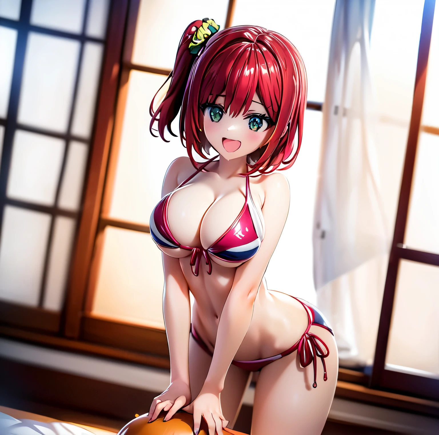 best quality, masterpiece, extremely detailed CG, official art , professional lighting, sakimiyairuka, (one side up), green scrunchie, hair ornament, red hair, green eyes, perfect face, shiny skin, wet, bikini,  closed mouth, cowboy shot