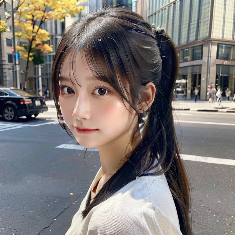 masterpiece, best quality, hyper detailed, beautiful, exquisite, woman, expressionless, standing, looking at viewer, wave hair, ponytail, black hair, black eyes, eyes open, pale skin, outside, in the city, in the afternoon, beautiful, photorealistic, portrait, raw photo, half body photo, from front, midday