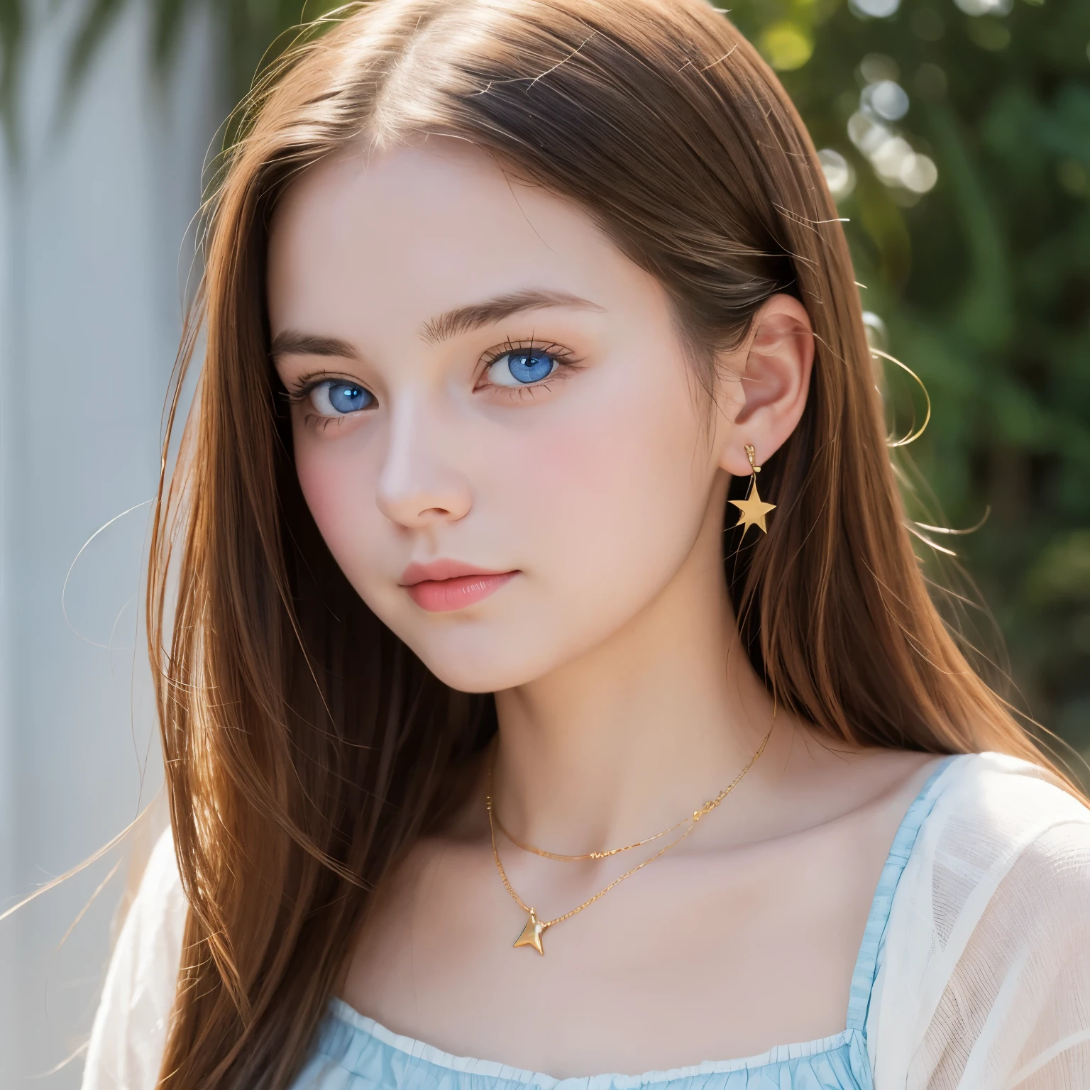 In the 18th century. European girl in her mid 20s. Warm and friendly blue eyes. Broad and slightly rounded nose. Full and round cheeks. Gentle and rounded jawline.  A gold star necklace 