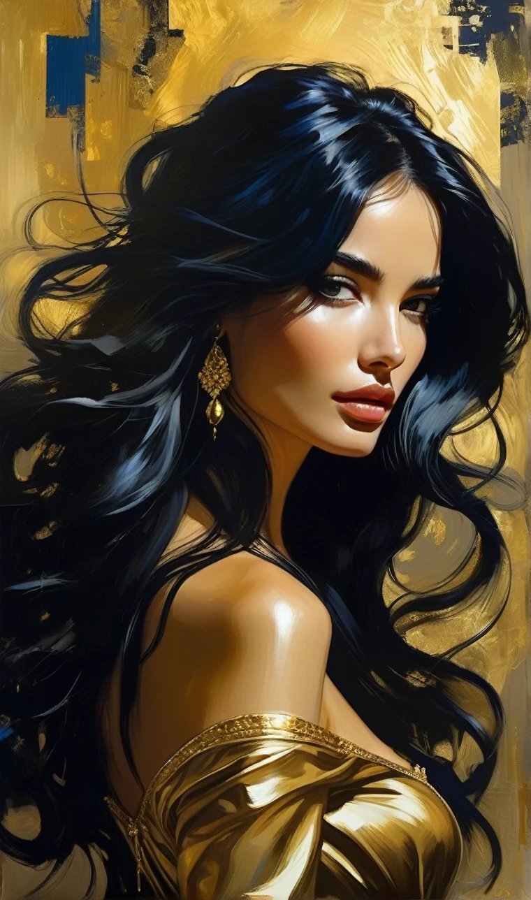 a woman with long black hair in a gold painting, in the style of charlie bowater, dark blue and dark black, michael garmash, comic art, realistic color palette, dark black and beige, soft-focused realism