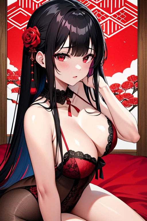 raffed woman in lingerie posing on a bed with a red rose, lingerie, very sexy devil outfit, Red and Black costume!!!, wearing sexy lingerie, laced lingerie, Black and Red, attractive, Fantasy Costume, Black and Red silk clothing, Black and Red only, lingerie!!, silk, Teasing, Red and Black, sexy, sexy :8, tumbler、Surreal Waigi Flowers, Soft Light Misty, Magic Flower, A flower with very long petals, Glowing Flower, Alien Flower, Beautiful images, Shiny delicate flowers, Stunningly beautiful,Higanbana、Amaryllis、a close up of a field of Red flower in a forest, Red flowerが咲く, Light but dark red, A glimpse of red, Red flower, Very red color, Red Forest, bright red, bright red colors, Red flower of different types, bright red and green colours, In the world of red dreams, Red magic surrounds her, Red Iris、 Japanese House, Amazing light reflection, Traditional Japanese colors, Gorgeous composition, Magical colors and atmosphere, Black Hairの、Black Hair、Black Hairの姫カット、Black Hairのロング、hair ornaments、hairpin、Decorate your hair with flowers、Decorate your hair with flowersびら、The most beautiful woman、wonderful、Stylish、Exquisite style、dual、Iris、Seductive eyes、Full Body Lesbian、Butt、Nipples、Pink areola、clitoris、Strand、Strand間