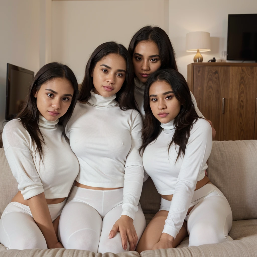 two young biracial sisters sitting next to a biracial bearded african man on a couch in a living room, happy, detail portrait shot 8k, high quality portrait, shot on sony a 7 iii, 8k portrait render, 8k photo. (white turtleneck-shirts and white yoga-pants) the young biracial sisters are caressing the bearded black man in the middle of the couch