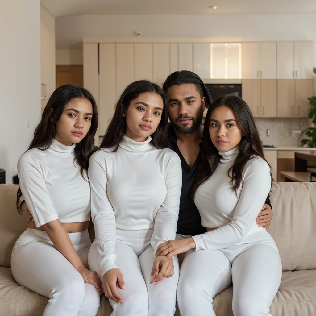 two young biracial sisters sitting next to a biracial bearded african man on a couch in a living room, happy, detail portrait shot 8k, high quality portrait, shot on sony a 7 iii, 8k portrait render, 8k photo. (white turtleneck-shirts and white yoga-pants) the young biracial sisters are caressing the bearded black man in the middle of the couch