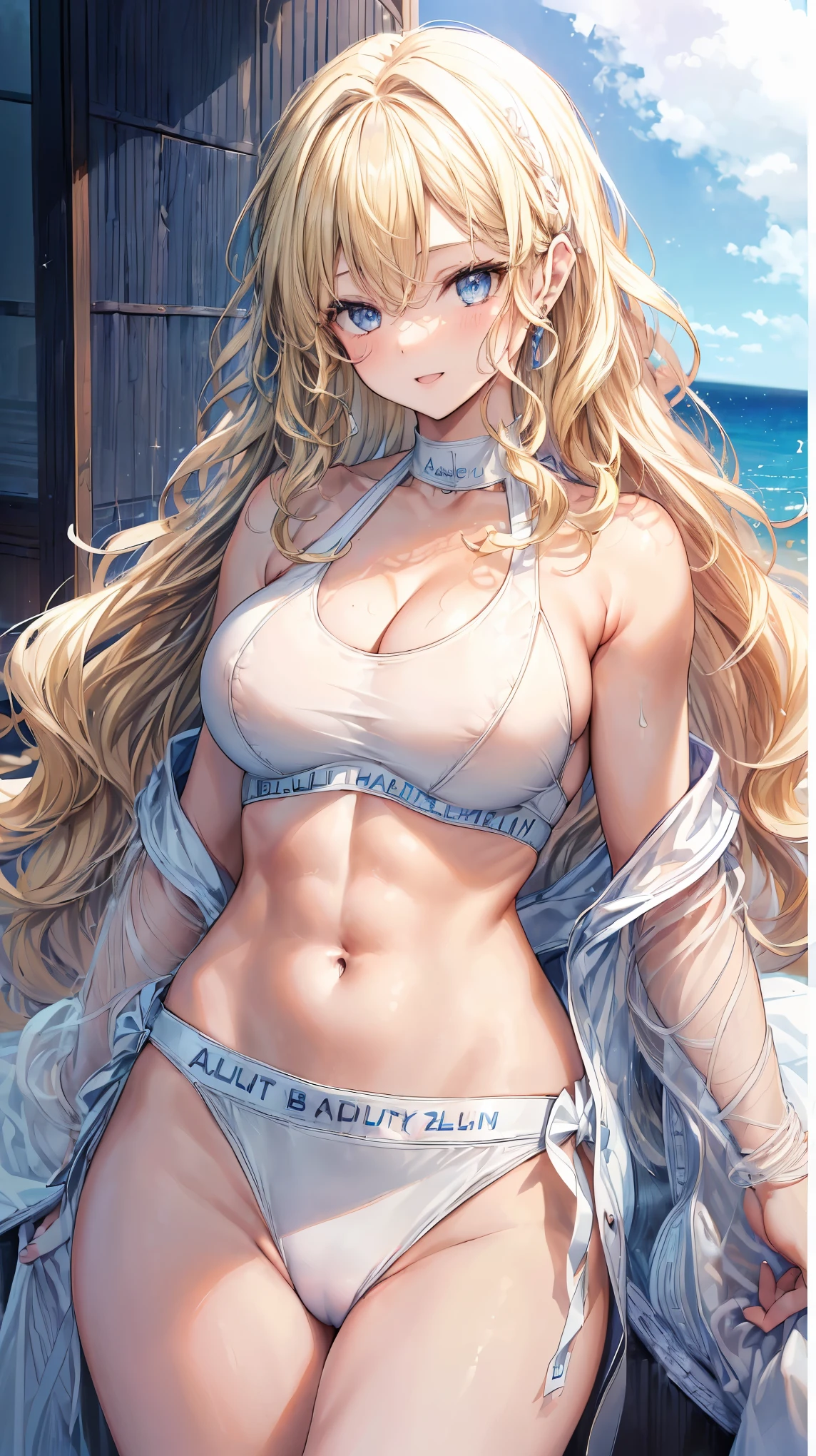 (Adult women:1.5)、Very detailed、highest quality、Best image quality、masterpiece、8k、Anime Face、A kind smile、Open your mouth、Sparkling blue eyes、(Blonde Wavy Hair:1.5)、Muscles of the whole body、Thigh belt、(Wearing a white bikini:1.5)、(Cowboy Shot:1.5)