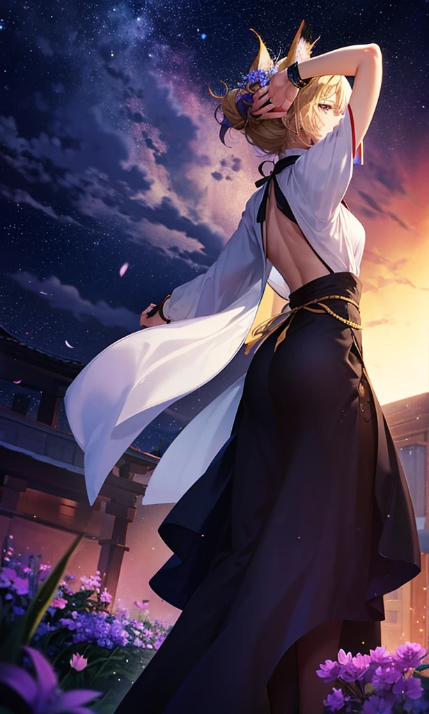 1people々々々々々々々々々々々々々々々々々々,Woman with medium length blonde hair,Fox Ears,Long coat,Takageta, Dress Silhouette, Rear View,Space Sky, Flower Field,Colorful flowers,Dancing Petals,full moon,shrine,