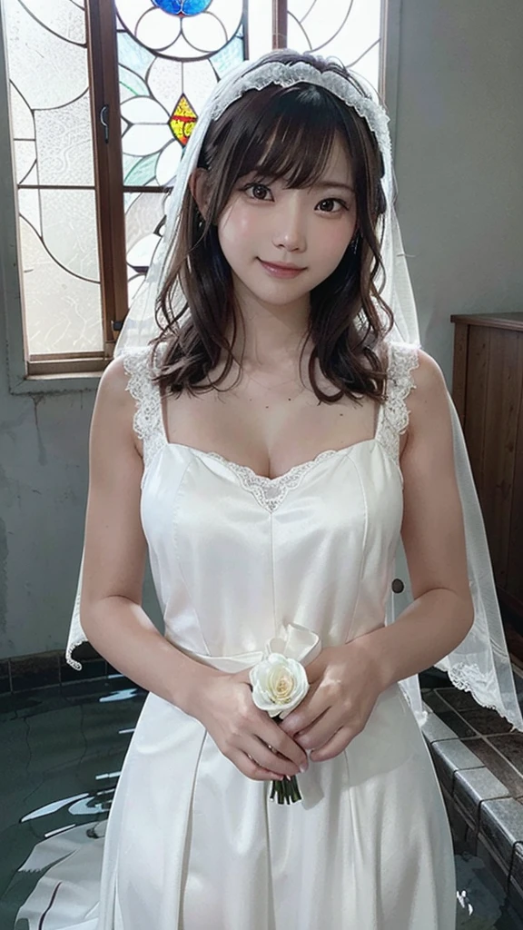 (highest quality,masterpiece:1.3,超A high resolution,),(Ultra-detailed,Caustics),(Photorealistic:1.4,RAW shooting,)Ultra-Realistic Capture,Very detailed,High resolution 16K human skin closeup。 The skin texture is natural、,Pores、It must be detailed enough to be easily identifiable.。 Skin should look healthy and have an even tone。 Use natural light and color,1 girl,Japanese,cute,22 years old,Laughs and Tears,(Looking at the camera),Natural brown hair,(Half Up),Medium sized breasts,(Wedding Veil,Pure white wedding dress),Holding a bouquet,Stand upright,Chapel,(Stained glass),Flooded with light,(Front view),View from the front,Cowboy Shot,Natural soft light,Smiling face