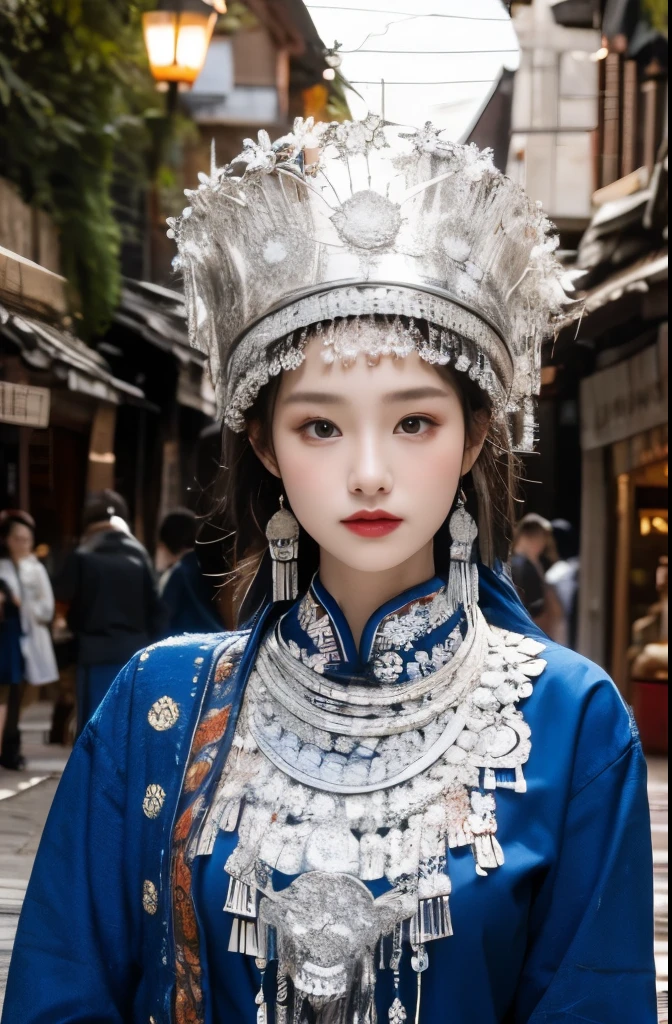 （8k，best quality，masterpiece：1.2），Ultra-high detail，Professional lighting，best quality，Ultra-high resolution，visually stunning，（1 girl：1.1），（Miao costumes and headdresses），Real human skin，（Perfect body 1.3）Super delicate face。