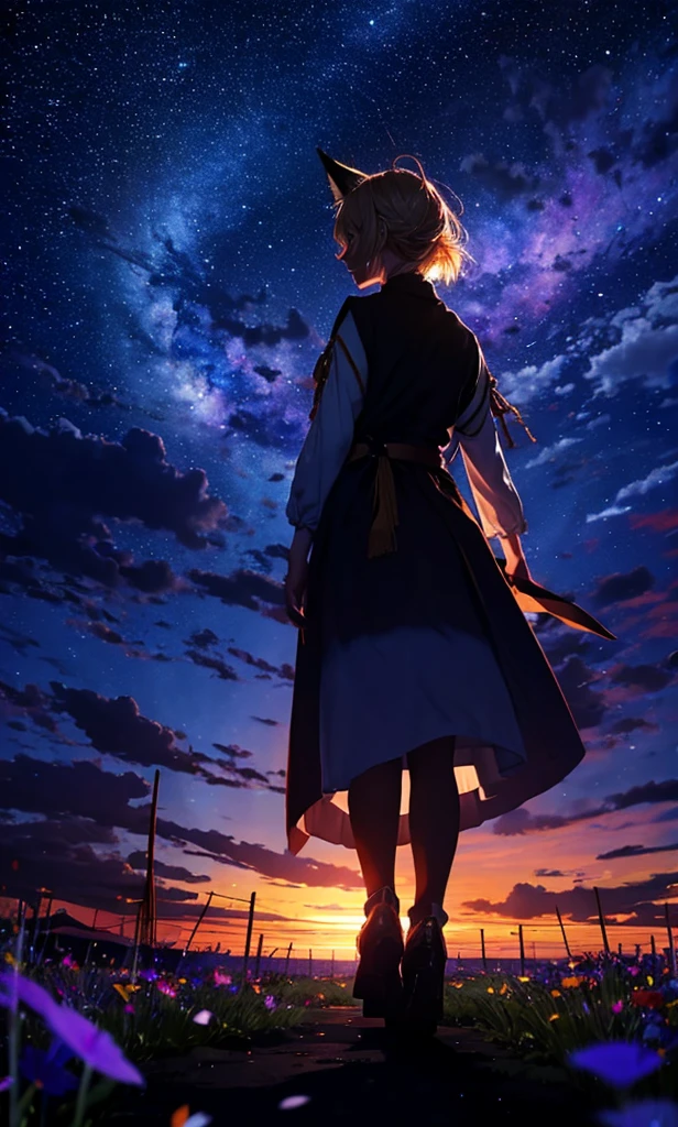 1people々々々々々々々々々々々々々々々々々々,Woman with medium length blonde hair,Fox Ears,Long coat,Takageta, Dress Silhouette, Rear View,Space Sky, Flower Field,Colorful flowers,Dancing Petals,full moon,shrine,