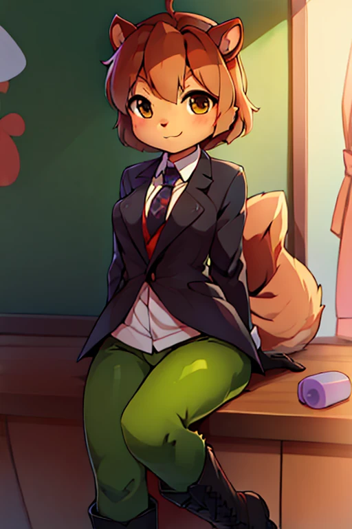 boy, squirrel, furry, bodyfur, blazer, bottomless, green tights, gloves, boots, kindergarten