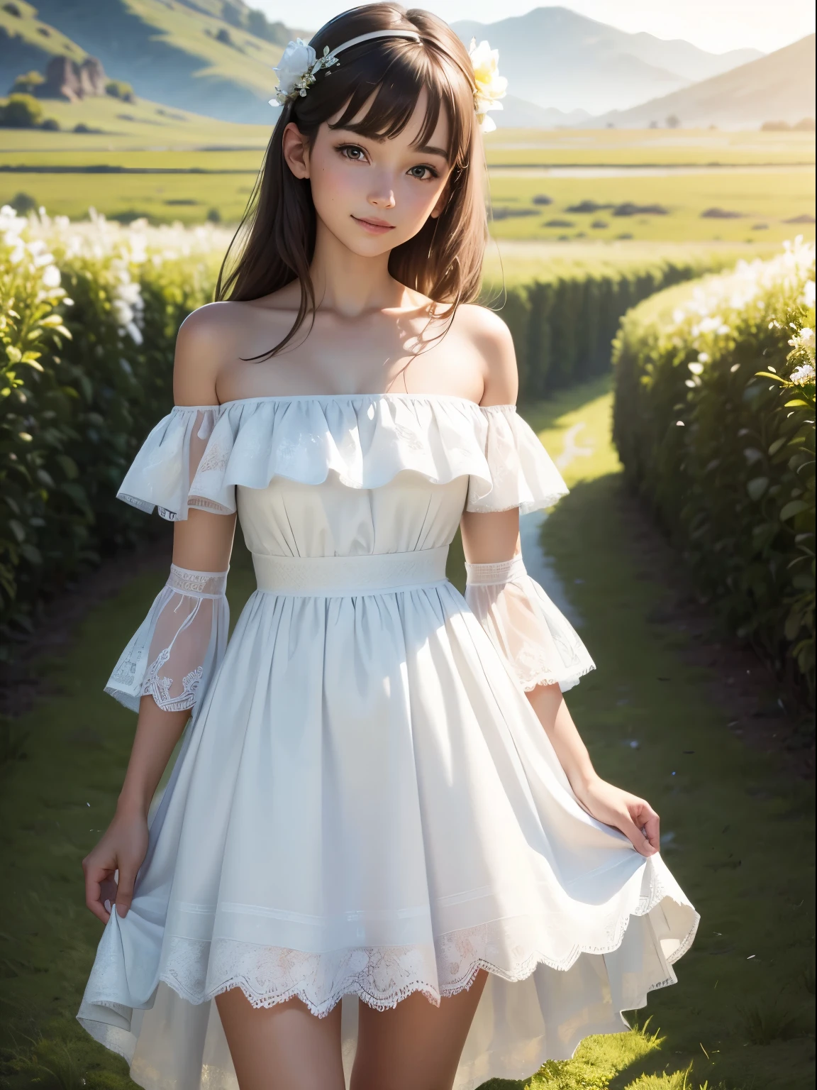 master piece, best quality, ((realistic)), 8K picture quality, extremely delicate and beautiful, ((1 person)), ((off shoulder pure white off lace dress )), Official art with attention to detail, Ridiculous, unbelievable Ridiculous, (Put the head in the frame), ultra-detail, (Pretty girl), ((Perfect female figure)), (smile), full of sweat, Brown hair, the morning sun rises, grassland, 12years old,