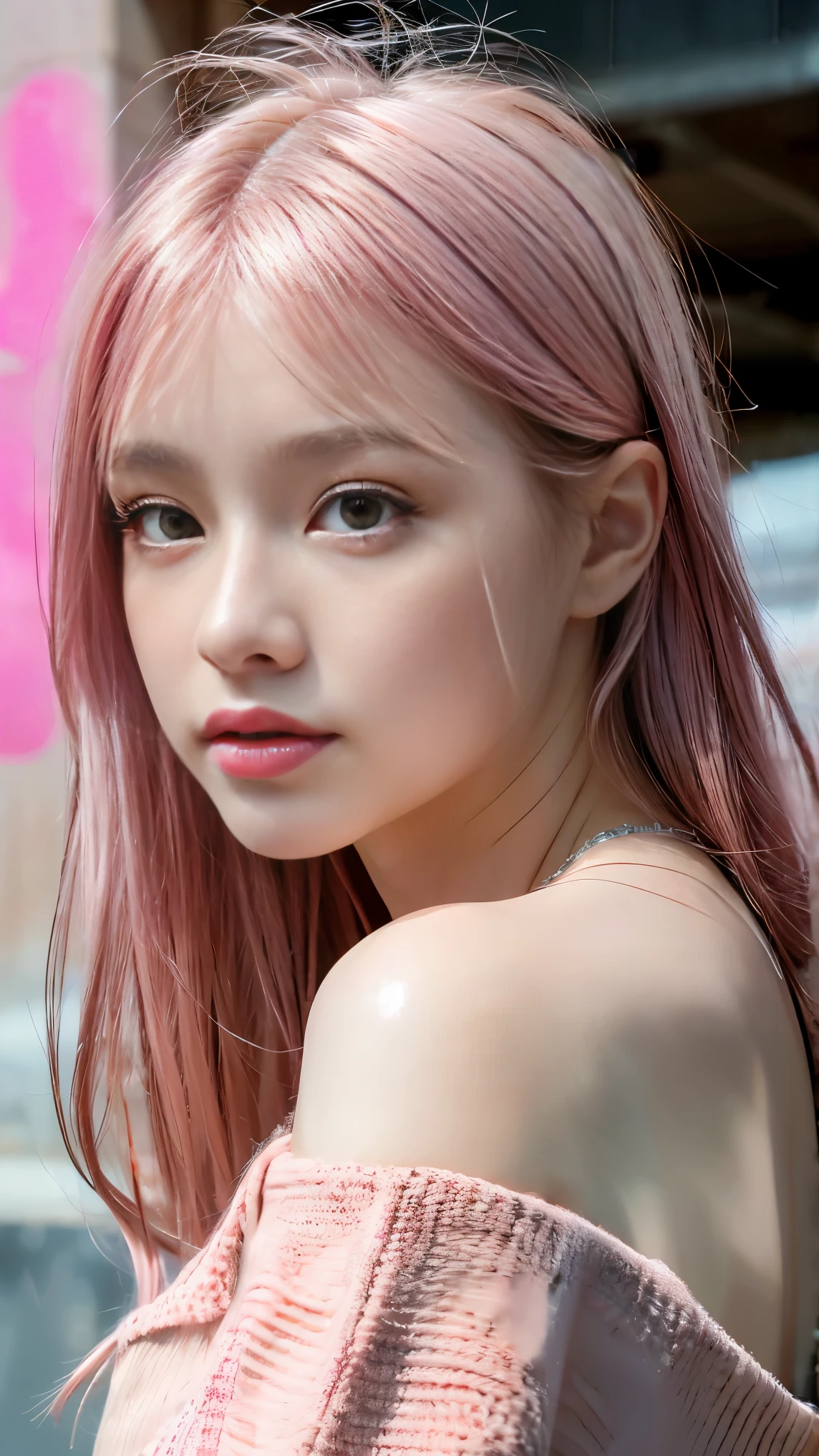 highest quality, Masterpieces, High resolution, One girl, Super beautiful face, Very beautiful eyes, Very beautiful pink hair，Trendy clothing，Expose your shoulders