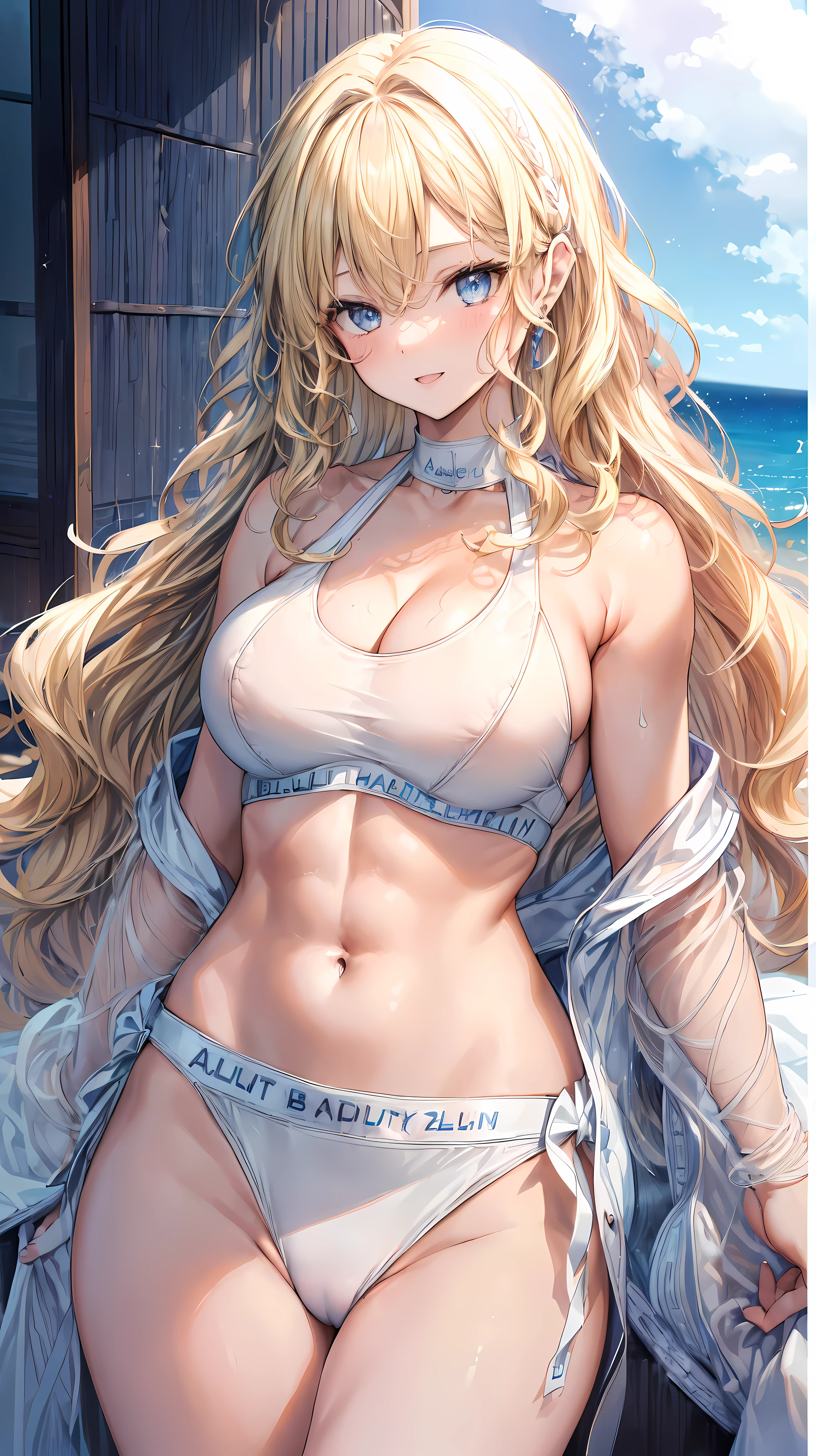 (Adult women:1.5)、Very detailed、highest quality、Best image quality、masterpiece、8k、Anime Face、A kind smile、Open your mouth、Sparkling blue eyes、(Blonde Wavy Hair:1.5)、Muscles of the whole body、Thigh belt、(Wearing a white bikini:1.5)、(Cowboy Shot:1.5)