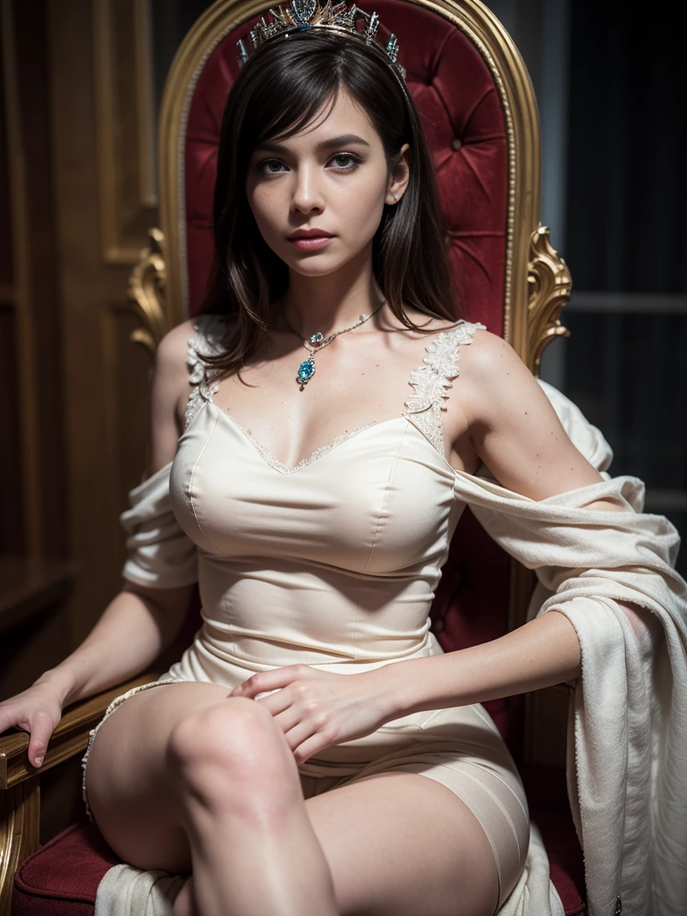 Masterpice, high quality, 8k quality, 1 lady, young Queen Elizabeth 2, Queen of United Kingdom, wearing royal uniform with her crown of Diamond sitting on royal throne, cloth cover all her body included her legs,the royal uniform cover all body including her legs, beautiful face, short black hair, the best photo for the queen of United Kingdom, the best look for Queen in her young age (30 years), Beckenham Place as background and United Kingdom flag, realistic hands, (Super detailed,ultra high resolution,detailed background)), (((masterpiece:1.4, Best Quality:1.4, 8K,))), ultra high res, Physically Based Rendering, ((Best Quality)), ((Masterpiece)), (Very Detailed:1.3), 3D, Accurate simulation of light-material interactions, perfect proportions, octane rendering, duotone lighting, low ISO, white balance, rule of thirds, wide aperture, 8K RAW, efficient sub-pixels, subpixel convolution, luminescent particles, light scattering, Tyndall effect, HDR (High Dynamic Range), ray tracing, NVIDIA RTX, super resolution, unreal 5, subsurface scattering, PBR texture, post-processing, anisotropic filtering, depth of field, maximum sharpness and sharpness, multi-layer texture, albedo and highlight maps, surface shading,