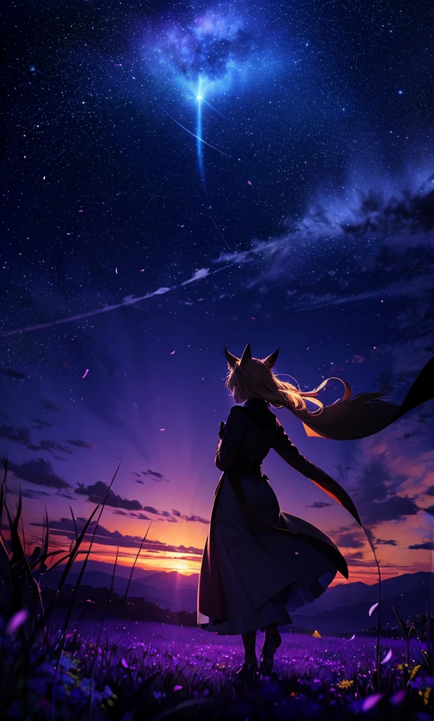 １people々々々々々,Woman with medium length blonde hair，Fox Ears，Long coat，Takageta， Dress Silhouette， Rear View，Space Sky, Flower Field，Colorful flowers，Dancing Petals，full moon，shrine，