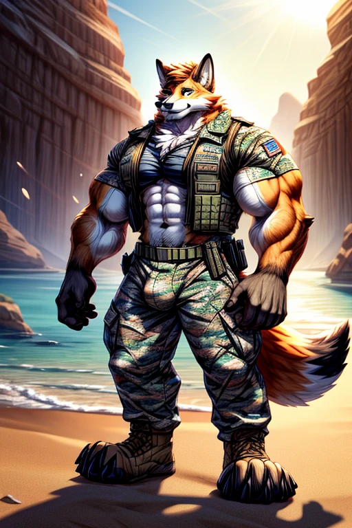 Masterpieces, furry, male, Anthropomorphic, red fox, blue eyes, black mark on muzzle, veiny, thin body, age 20, Delicate eyes, furred body, on a beach, perfect lighting, light particles,(best quality),(masterpiece),(ultra detailed), sharp focus, light particles, detailed barren background, desert camo military pants, open camo vest , wearing thight clothes , no shirt , fierce look, soldier look, full body, six pack abs, brown forearm, giant bulge, broad shoulders, big biceps, big pecs, big thighs, (((big paws ))), black forearm