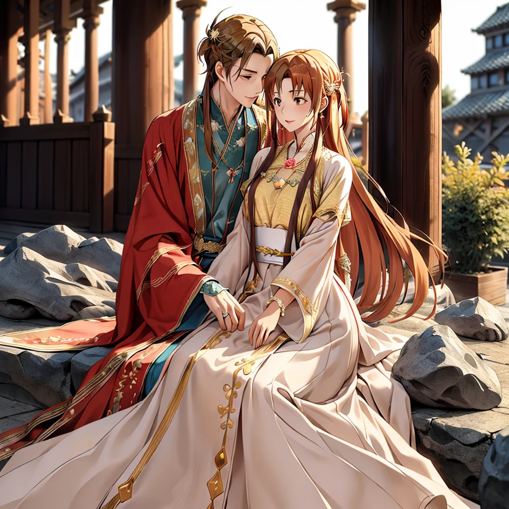 ((highest quality)), ((masterpiece)), (detailed), Perfect Face、Yuuki Asuna、Brown Hair、Hanfu、Gorgeous embroidery、cuddling with a man、Man and wedding、The woman is in a wedding dress、Woman has a happy face、Gorgeous hair ornament、Earrings、necklace、Bracelet、Luxury accessories、The woman is the empress、The man is the prince、She hugs the man and presses her face against his chest.、Man hugs woman、Man and woman kissing