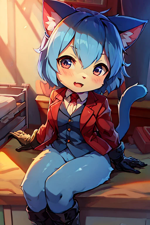 boy, cat, furry, bodyfur, tail, collar, bra, bottomless, gloves, boots, chibi, penis, testicles, sparkling eye, condom on penis, condom
