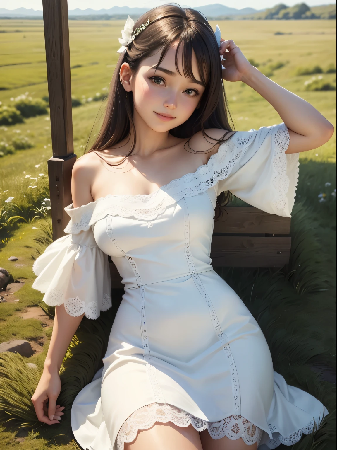 A close up of a woman in a white dress sitting on a bench - SeaArt AI