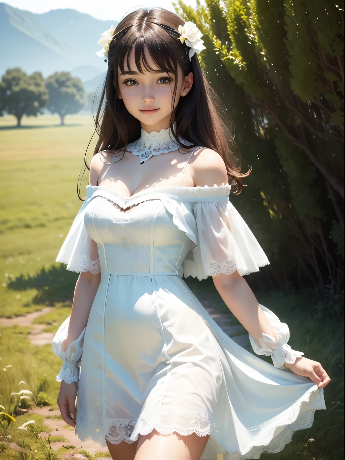 ((masterpiece)), ((highest quality、Ultra high definition)), (Very detailed),8K、Photo quality、((Amazingly cute girl)), 10years old girl, (Beautiful emerald blue eyes), ((smile)), white maid costume, In the open-air bath overlooking the sea, Beautifully arranged black hair in twin tails、whole body, (white see-through gothic lolita maid costume, skirt with lots of frills)、Professional Lighting、(White lace knee-highs)、