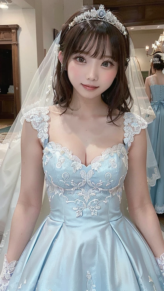(highest quality, On the table:1.2), (Actual:1.3), (非常にDetailed Background, Detailed Background), Bokeh,Shooting from the side, ((Medium chest)), [Beautiful Valley],(Princess line light blue wedding dress:1.3),(head:1.5), Bridal Tiara, Wedding Veil, Bridal Gloves, Upper Body, Beautiful wedding venue near the sea, ager, Lovely,smile,