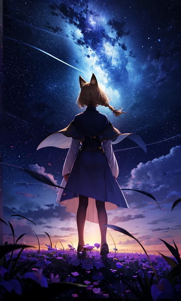 １people々々々々々々々々々々々々々々々々々々々,Woman with medium length blonde hair，Fox Ears，Long coat，geta， Dress Silhouette， Rear View，Space Sky,Crescent Moon， Flower Field，Colorful flowers，Dancing Petals，full moon，