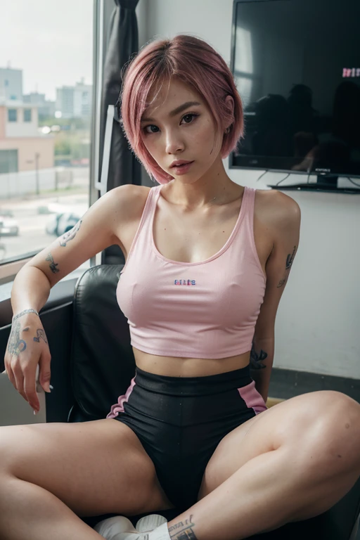 Korean e-girl, gamer girl, (masterpiece), virtual youtube, detailed skin texture, dyed pink messy short hair, cute face, e-girl makeup, slim body, firm bust, micro waist, smooth sweaty skin, (tattoos), sitting in her gaming chair, just in after a workout at the gym still wearing her diminutive tank top and tights, eager to get back online, full body shot, highly detailed, hi-res, superior quality