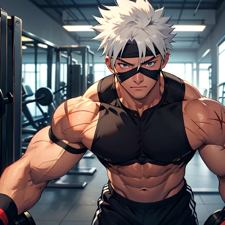 Kakashi Hatake in Gym clothes training intensely in a bodybuilding Gym, buff, looking at the viewer, Gym, logic , workout, scar on his left eye, blue mask
