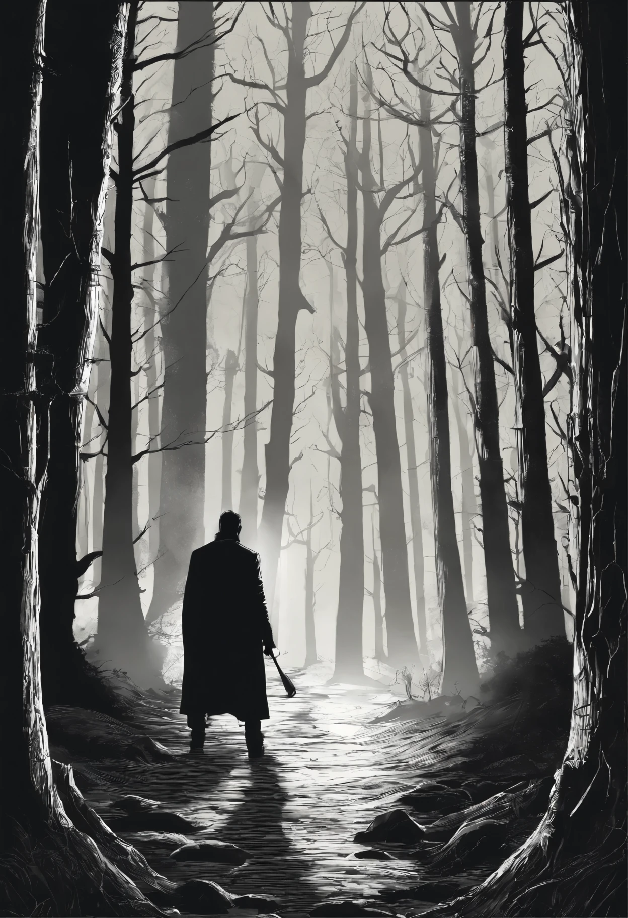 Shadow of a man with a flashlight in his right hand walking slowly through a dark forest with dry, thin trees, behind one of these trees to the left of the man there is a shadow of a woman's ghost watching him, on the right side the shadow of a monster in farmer's clothes and a scythe in his hand, 5 meters in front of the man there is a pentagram drawn on the floor next to some candles and a cross ( imagem realista, dark ) camera 10 in front of 10 meters away
